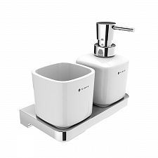 Chrome Soap dispenser and toothbrush holder. Soap dispenser and toothbrush holder. Plastic pump.