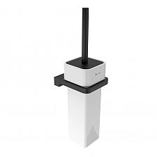 Black toilet brush with wall holder, square handle, tall ceramic bowl.