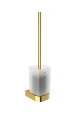 Brushed gold Toilet brush holder Toilet brush. Frosted glass container. Stainless steel brush handle, brushed gold finish.