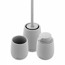 Grey Soap dispenser, toothbrush cup, toilet brush holder The set includes a liquid soap dispenser, a cup for toothbrushes and a toilet brush. Ceramic light gray matte containers. Volume 425 ml. Plastic pump. Stainless steel brush handle. 