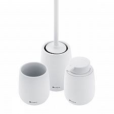 White Soap dispenser, toothbrush cup, toilet brush holder The set includes a liquid soap dispenser, a cup for toothbrushes and a toilet brush. Ceramic white matte containers. Volume 425 ml. Plastic pump. Stainless steel brush handle. Soft-touch Surface.