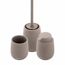 Soap dispenser, toothbrush cup, toilet brush holder The set includes a liquid soap dispenser, a cup for toothbrushes and a toilet brush. Ceramic TAUPE matte containers. Volume 425 ml. Plastic pump. Stainless steel brush handle. 