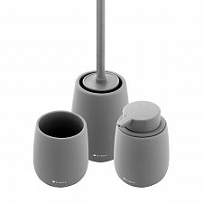 Soap dispenser, toothbrush cup, toilet brush holder The set includes a liquid soap dispenser, a toothbrush cup and a toilet brush. Ceramic dark gray matte containers. Volume 425 ml. Plastic pump. Stainless steel brush handle. 