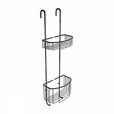 Black 2 Tier Hanging Wire Shelf, black Black wire shelf with two wire baskets to be hung in the shower.
