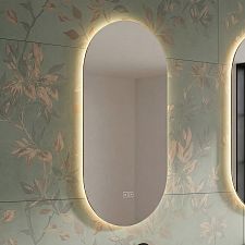 LED mirror with backlight, 50 x 100, touch sensor Oval LED mirror with backlight 50x100. Color and brightness adjustment by sensor with memory. Switched on by sensor and wall switch.
