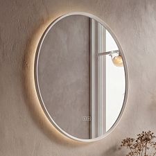 White LED mirror with backlight, diameter 700, touch sensor Round LED mirror with matte white cone frame and rear backlighting, diameter 70. Matte white color. Color and brightness adjustment by sensor with memory. Switched on by sensor and wall switch.