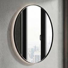 Black LED mirror with backlight, diameter 700, touch sensor Round LED mirror with black conical frame and rear backlighting, diameter 70. Matt black color. Color and brightness adjustment by sensor with memory. Switched on by sensor and wall switch.