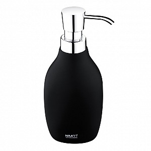 Black Soap dispenser, plastic pump Soap dispenser made of polyresin. Plastic pump with chrome surface finish. Volume 280 ml, black.