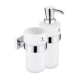 Chrome Soap dispenser and glass cup holder Soap dispenser and glass cup holder. Satin glass containers. Volume 250 ml. Plastic pump / chrome. Brass holder / chrome.