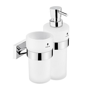 Chrome Soap dispenser and glass cup holder Soap dispenser and glass cup holder. Satin glass containers. Volume 250 ml. Brass pump / chrome.