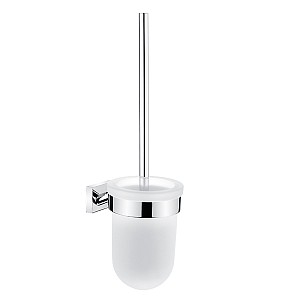 Chrome Toilet brush holder Toilet brush holder. Satin glass container, low. Brass holder, chrome surface finish.