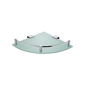 Chrome Corner shelf Corner shelf with rail. Satin glass. Radius 25 cm.