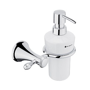 Chrome Soap dispenser, plastic pump Soap dispenser. Ceramic container 280 ml. Brass holder. Plastic pump. Chrome surface.