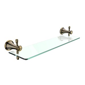 Antique brass Shelf without rail, 50 cm Shelf. Clear glass. 50 cm long. Brass holders with antique brass surface finish.