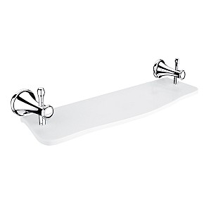 Chrome Shelf, 50 cm Shelf. White artificial stone. 50 cm long. Brass holders with chrome surface finish.