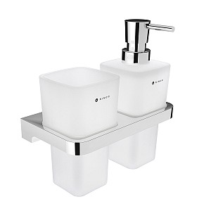 Chrome Soap dispenser and toothbrush holder. Soap dispenser and toothbrush holder. Plastic pump.