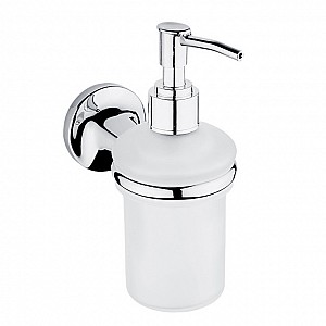 Chrome Soap dispenser, plastic pump Soap dispenser. Plastic pump with chrome surface finish. Satin glass container.