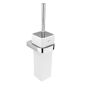 Chrome Toilet brush chrome and ceramic, black brush, tall rectangular container for the wall.