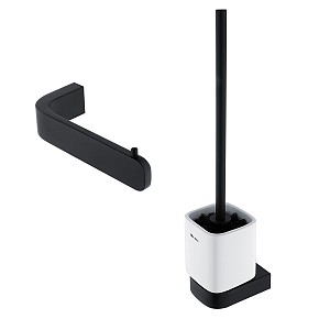 Black Bathroom Set - Toilet Brush and Paper Holder Bathroom set with toilet brush and toilet paper holder.