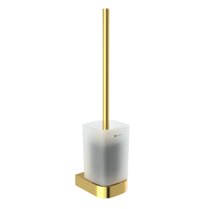 Brushed gold Toilet brush holder Toilet brush. Frosted glass container. Stainless steel brush handle, brushed gold finish.