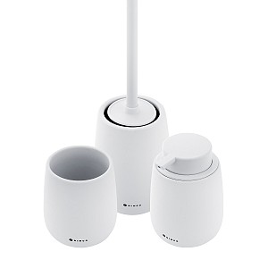 White Soap dispenser, toothbrush cup, toilet brush holder The set includes a liquid soap dispenser, a cup for toothbrushes and a toilet brush. Ceramic white matte containers. Volume 425 ml. Plastic pump. Stainless steel brush handle. 
