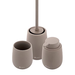 Soap dispenser, toothbrush cup, toilet brush holder The set includes a liquid soap dispenser, a cup for toothbrushes and a toilet brush. Ceramic TAUPE matte containers. Volume 425 ml. Plastic pump. Stainless steel brush handle. Soft-touch Surface.