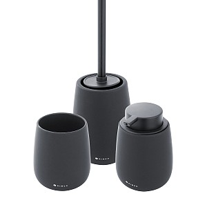 Black Soap dispenser, toothbrush cup, toilet brush holder The set includes a liquid soap dispenser, a cup for toothbrushes and a toilet brush. Ceramic black matte containers. Volume 425 ml. Plastic pump. Stainless steel brush handle. Soft-touch Surface.