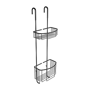 Black 2 Tier Hanging Wire Shelf, black Black wire shelf with two wire baskets to be hung in the shower.