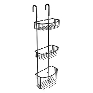Black 3 Tier Hanging Wire Shelf, black Black wire shelf with three wire baskets to be hung in the shower.