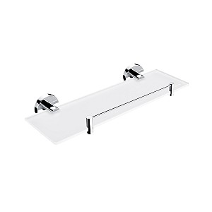 Chrome Shelf with rail, 40 cm Shelf with rail. Extra clear glass, satin . Size 40x11 cm. 8 mm thick glass!