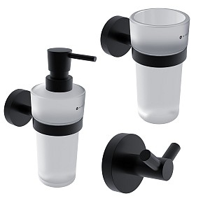 Black Bathroom set, glass containers Bathroom set 3-in-1. Soap dispenser, toothbrush holder, double towel hook.