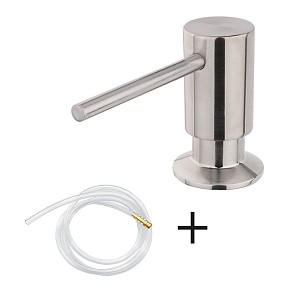 Brushed stainless steel Built-in dispenser, pump diam. 35 mm Built-in soap, disinfectant gel or washing-up liquid dispenser.  Pump head diameter 35 mm. Top filled.