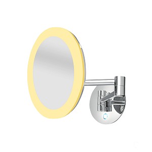 Chrome LED mirror with adjustable color temp. LED cosmetic mirror magnification with illuminated touch switch. Color temperature - cool / warm white 6500 / 2700 K.