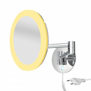 Chrome LED mirror with adjustable color temp. LED cosmetic mirror magnification with illuminated touch switch. Color temperature - cool / warm white 6500 / 2700 K.