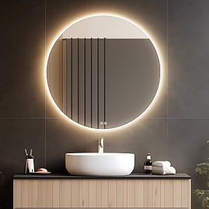 Aluminium ROUND LED mirror dia. 800 with two touch sensor Illuminated ROUND bathroom LED mirror. Output 28 W. Possibility of setting color temperature 3000 - 6500 K. The possibility of setting the luminosity intensity. 2016 Lumen.