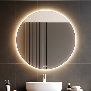 Aluminium ROUND LED mirror dia. 800 with two touch sensor Illuminated ROUND bathroom LED mirror. Output 28 W. Possibility of setting color temperature 3000 - 6500 K. The possibility of setting the luminosity intensity. 2016 Lumen.