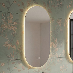 LED mirror with backlight, 40 x 80, touch sensor Oval LED mirror with backlight 40x80. Color and brightness adjustment by sensor with memory. Switched on by sensor and wall switch.