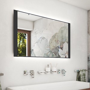 Černé zrcadlo do koupelny 120x65 s osvětlením, černým rámem, dotykový senzor