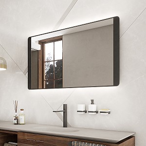 Černé zrcadlo do koupelny 80x60 s osvětlením a černým rámem, senzor