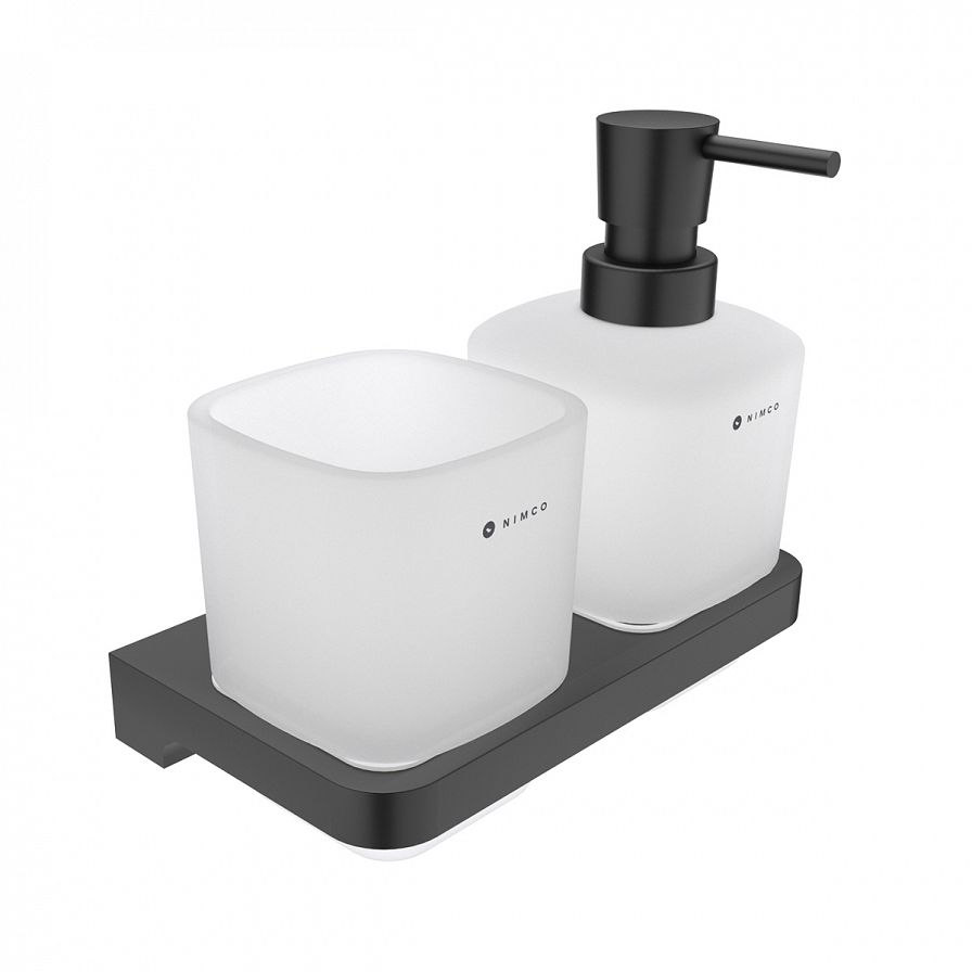 Soap dispenser and toothbrush holder.