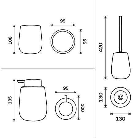 Soap dispenser, toothbrush cup, toilet brush holder