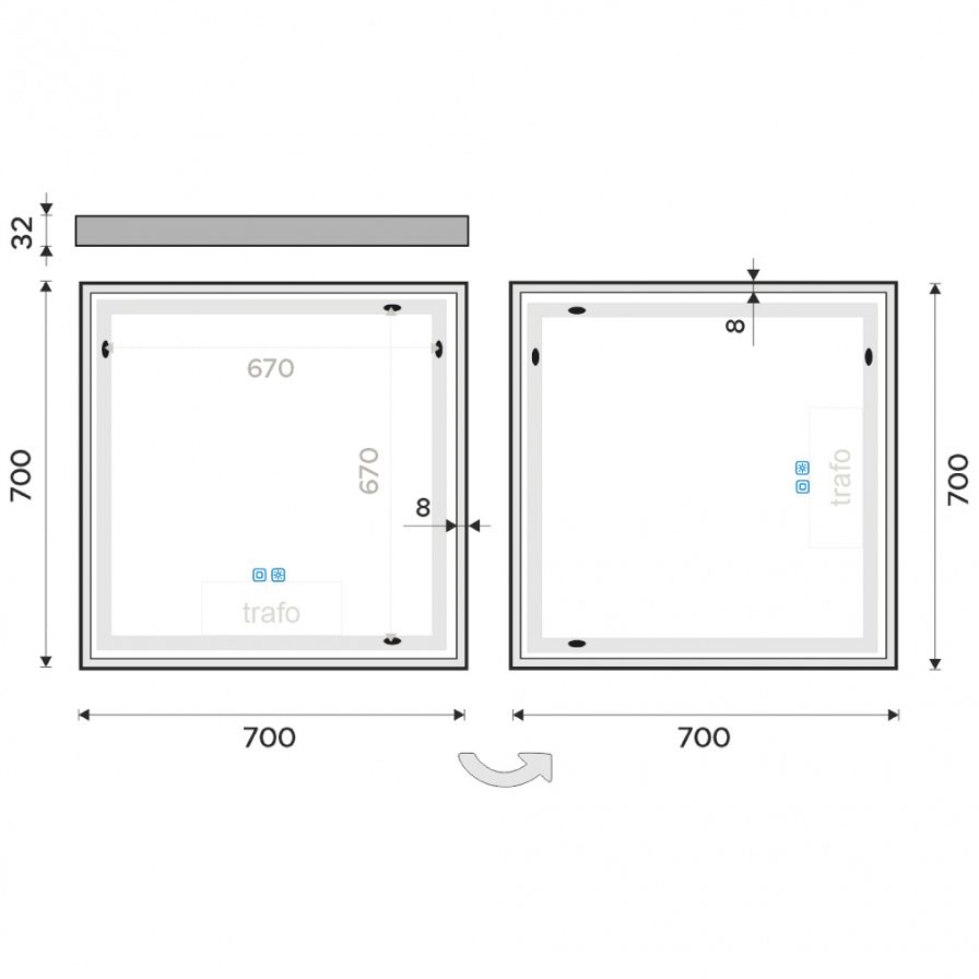LED zrcadlo 700x700 se dvěma dotykovými senzory