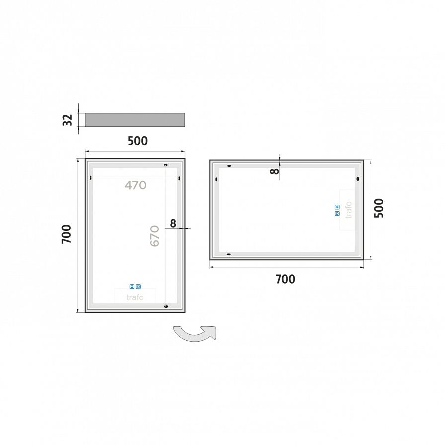 White LED  mirror 500x700 with two touch sensor