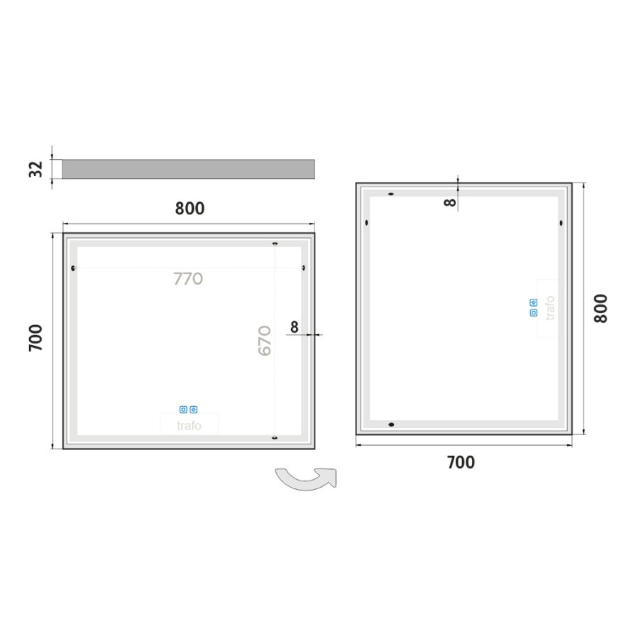 Bílé LED zrcadlo 800x700 se dvěma dotykovými senzory