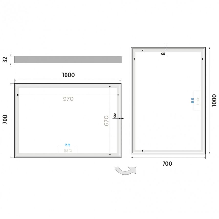 White LED mirror 1000x700 with two touch sensor