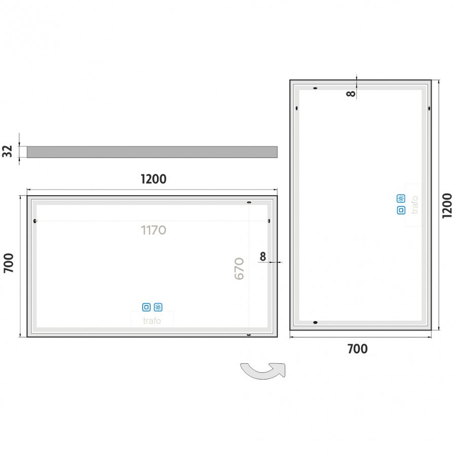 White LED  mirror 1200x700 with two touch sensor