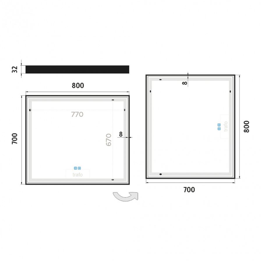 Black LED mirror 800x700 with two touch sensor