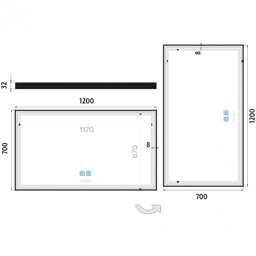 Black LED mirror 1200x700 with two touch sensor