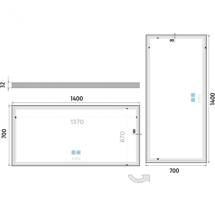 Black LED mirror 1400x700 with two touch sensor