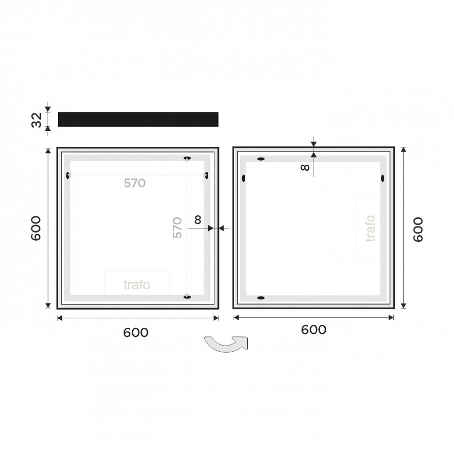 Černé LED zrcadlo 600x600